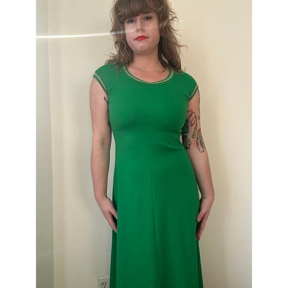 1970s 70s vintage Kelly green maxi dress rhinestones party cocktail gown disco - Picture 2 of 7